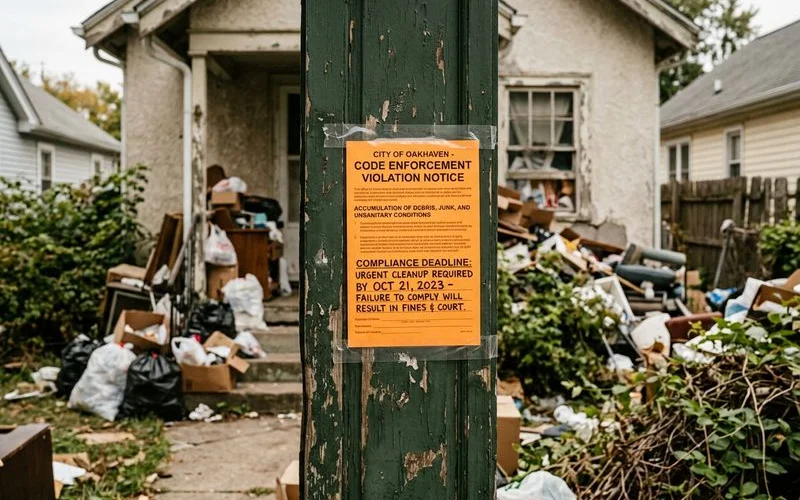 Code enforcement violation notice posted on door of hoarding property with compliance deadline requiring urgent cleanup action